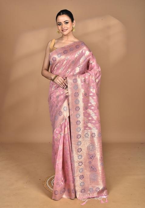 Pink Banarsi Silk Chandari Saree Set