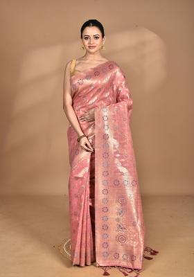 Peach Banarsi Silk Chandari Saree Set