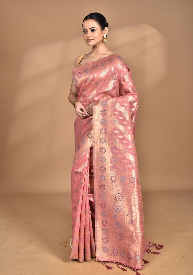 Peach Banarsi Silk Chandari Saree Set