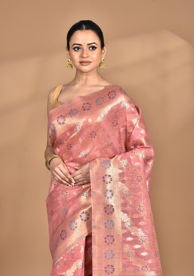 Peach Banarsi Silk Chandari Saree Set