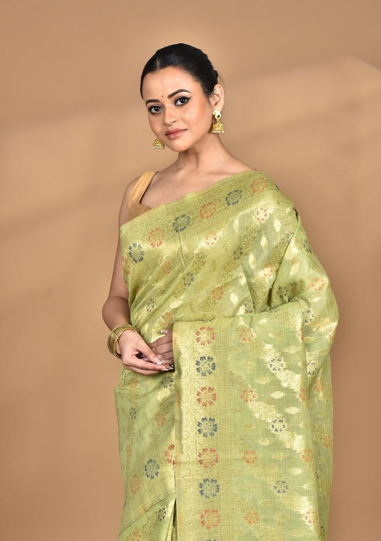 Green Banarsi Silk Chandari Saree Set