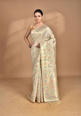 Cream Banarsi Silk Chandari Saree Set