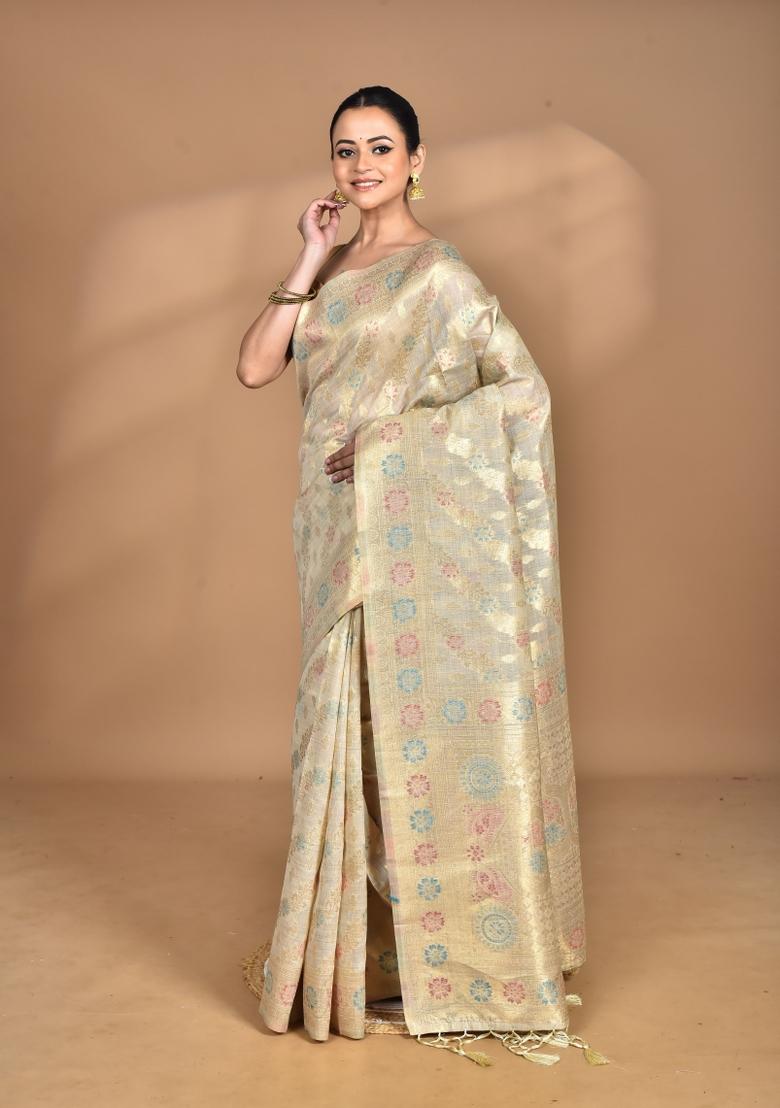 Cream Banarsi Silk Chandari Saree Set