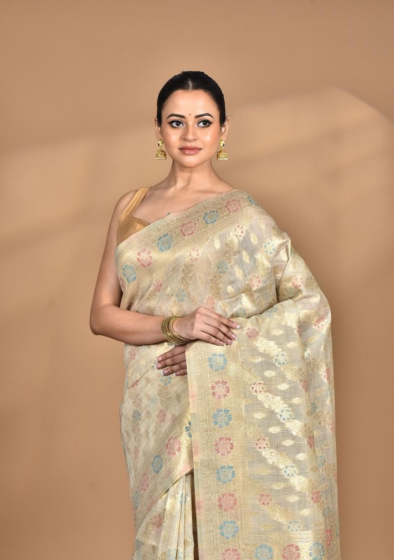 Cream Banarsi Silk Chandari Saree Set