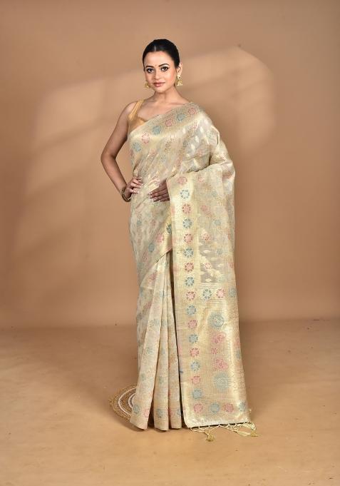 Cream Banarsi Silk Chandari Saree Set