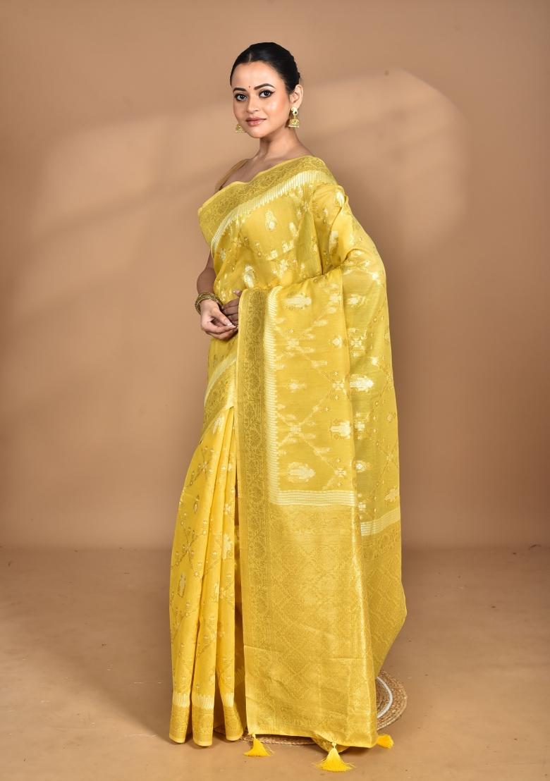Yellow Banarsi Silk Chandari Saree Set