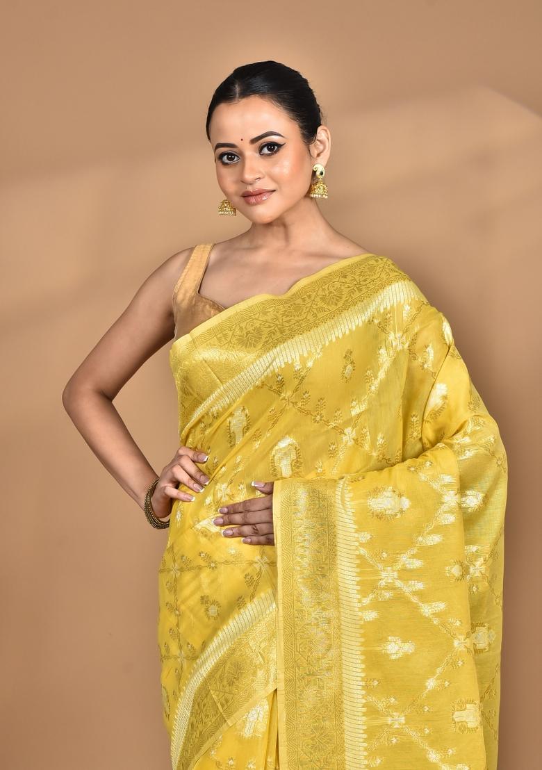 Yellow Banarsi Silk Chandari Saree Set
