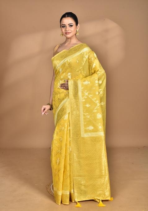 Yellow Banarsi Silk Chandari Saree Set