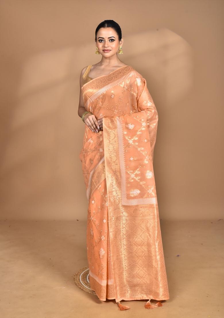 Peach Banarsi Silk Chandari Saree Set