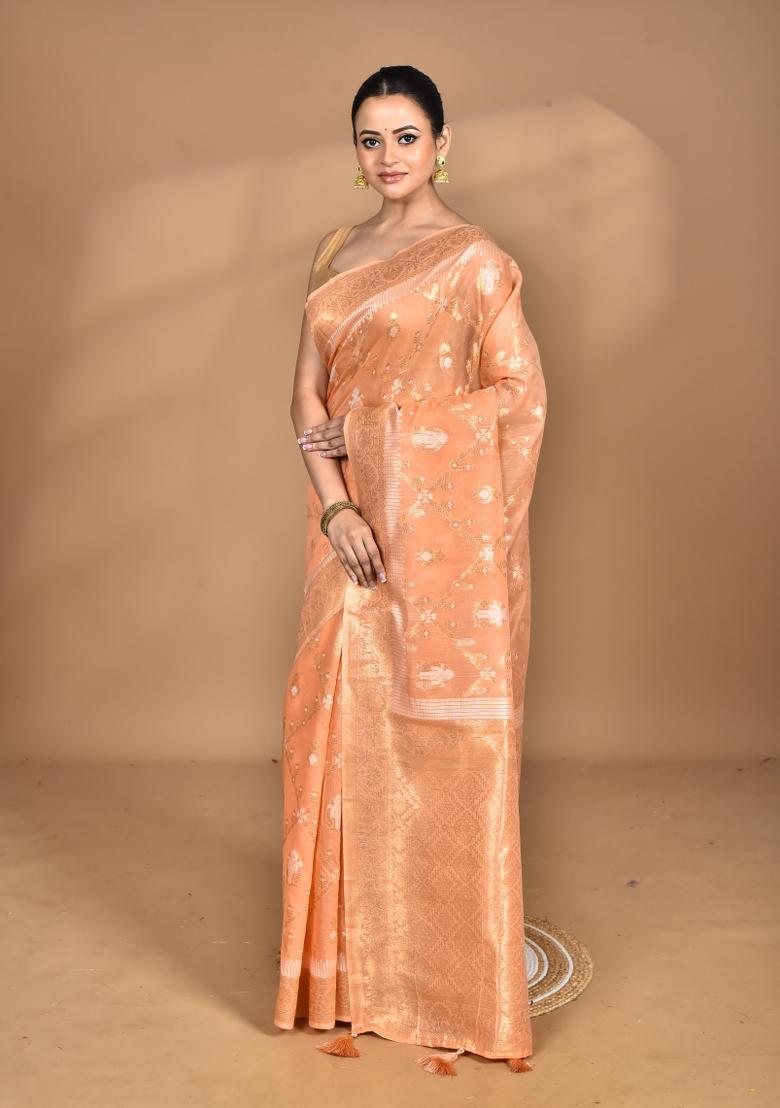 Peach Banarsi Silk Chandari Saree Set