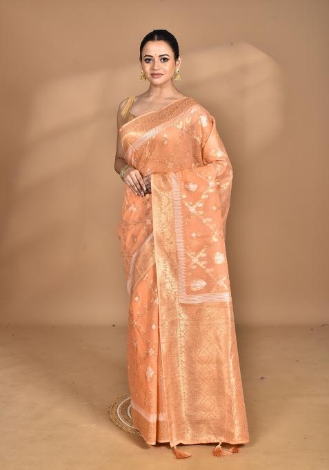 Peach Banarsi Silk Chandari Saree Set