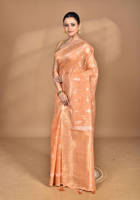 Peach Banarsi Silk Chandari Saree Set