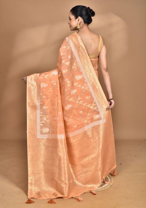 Peach Banarsi Silk Chandari Saree Set