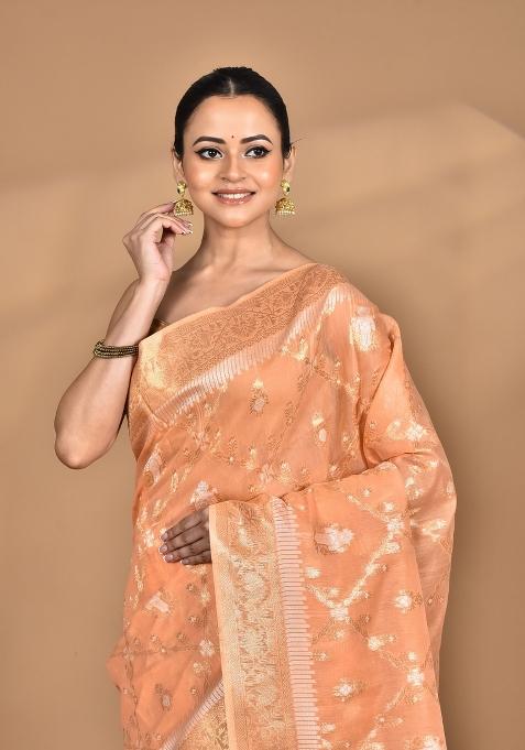 Peach Banarsi Silk Chandari Saree Set