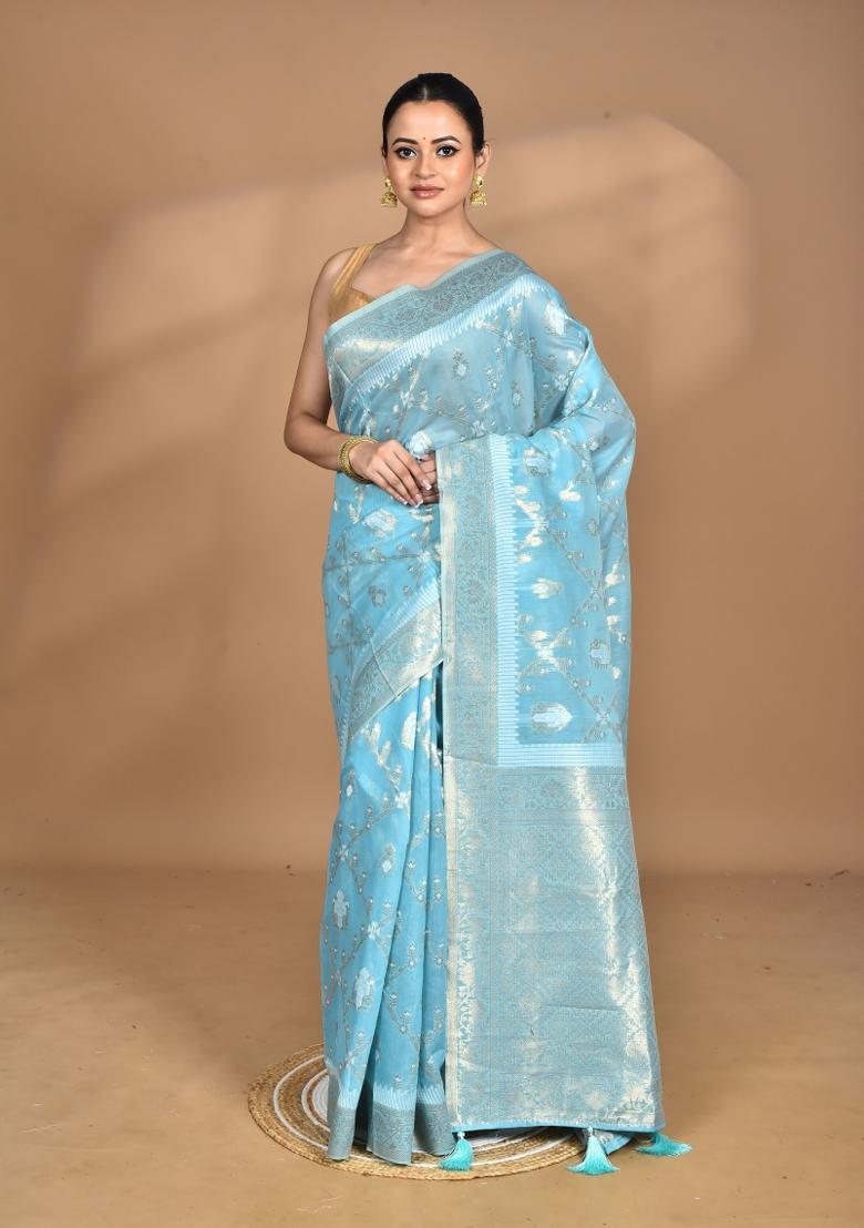 Blue Banarsi Silk Chandari Saree Set