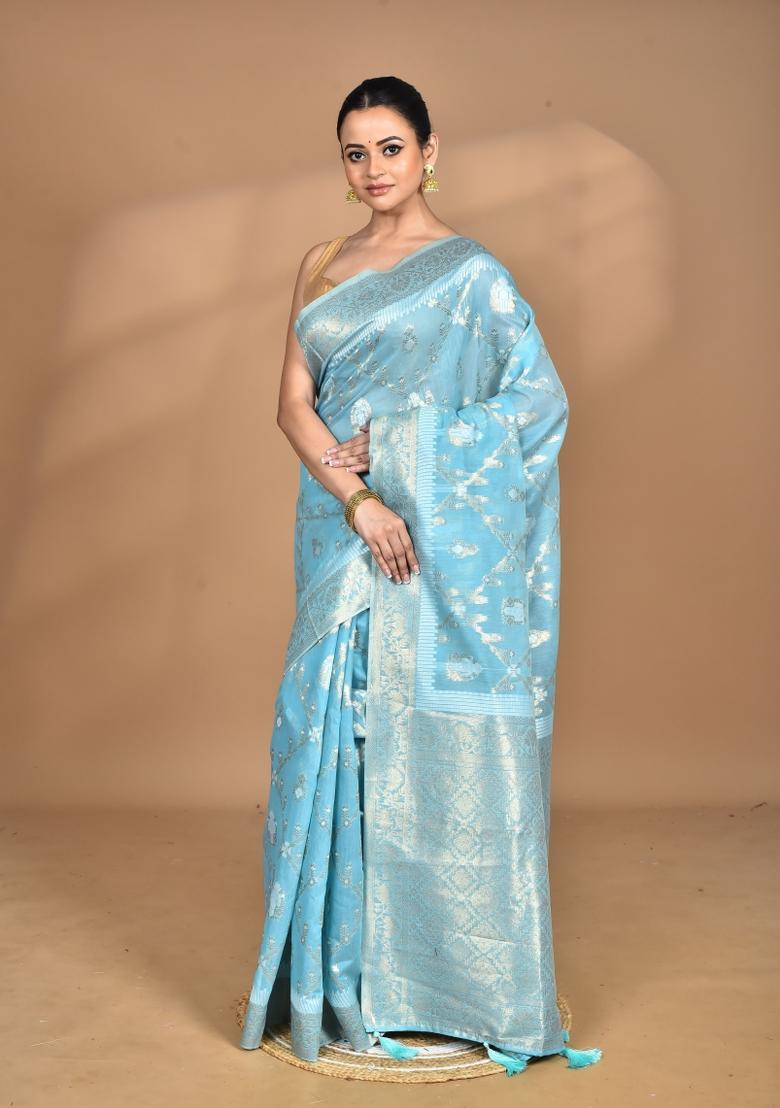 Blue Banarsi Silk Chandari Saree Set