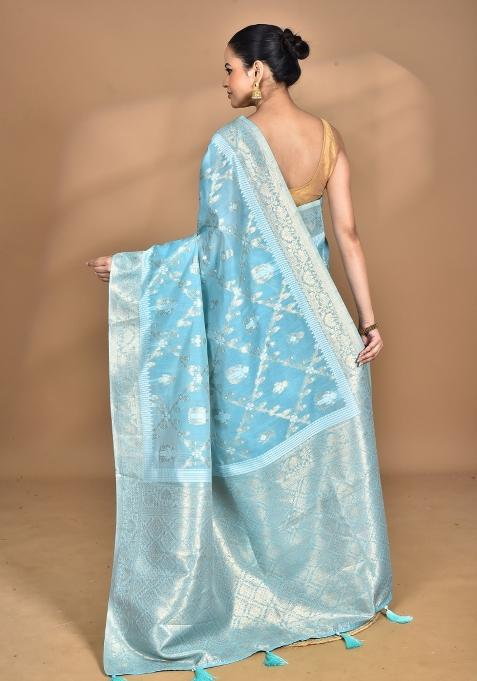 Blue Banarsi Silk Chandari Saree Set