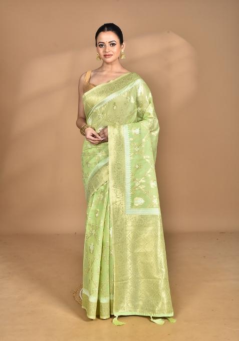 Green Banarsi Silk Chandari Saree Set