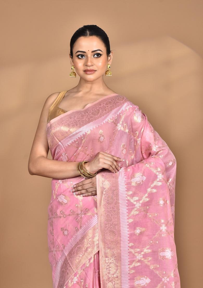 Pink Banarsi Silk Chandari Saree Set