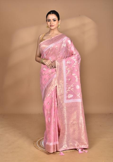 Pink Banarsi Silk Chandari Saree Set