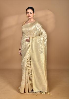 Cream Banarsi Silk Chandari Saree Set