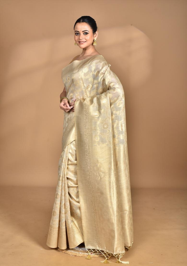 Cream Banarsi Silk Chandari Saree Set