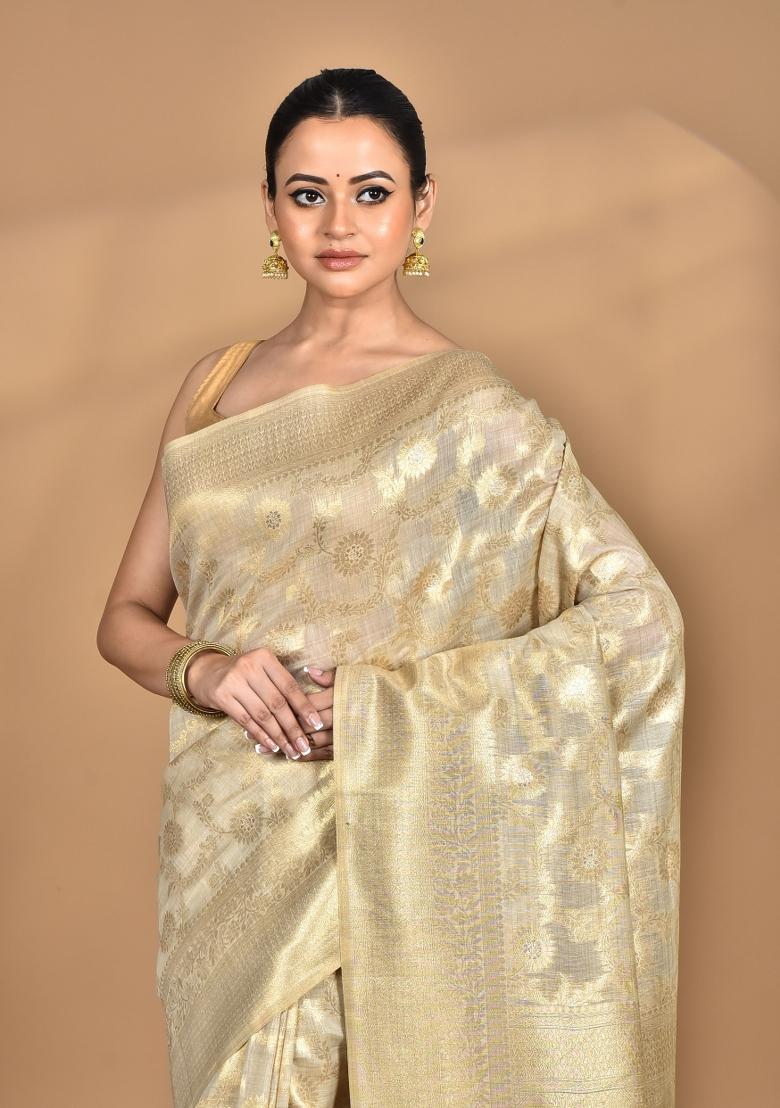 Cream Banarsi Silk Chandari Saree Set