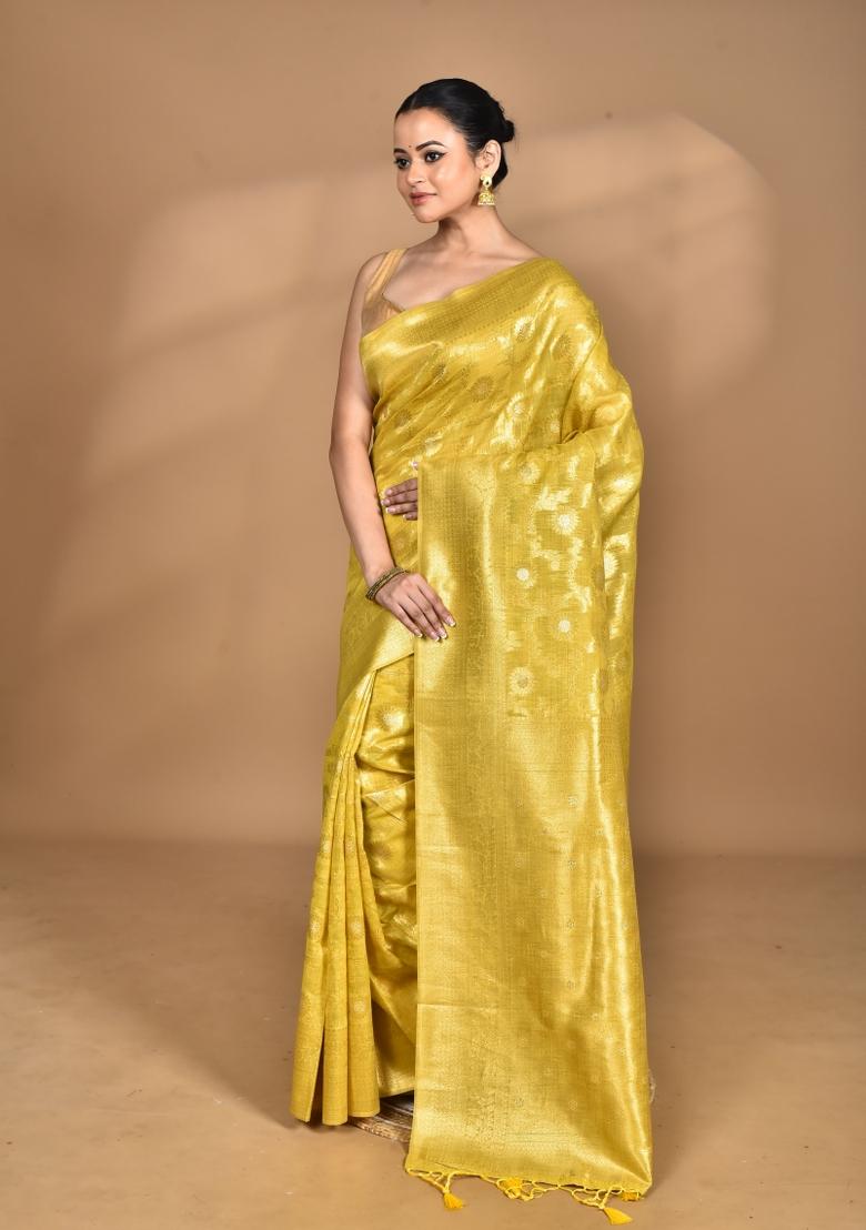Yellow Banarsi Silk Chandari Saree Set
