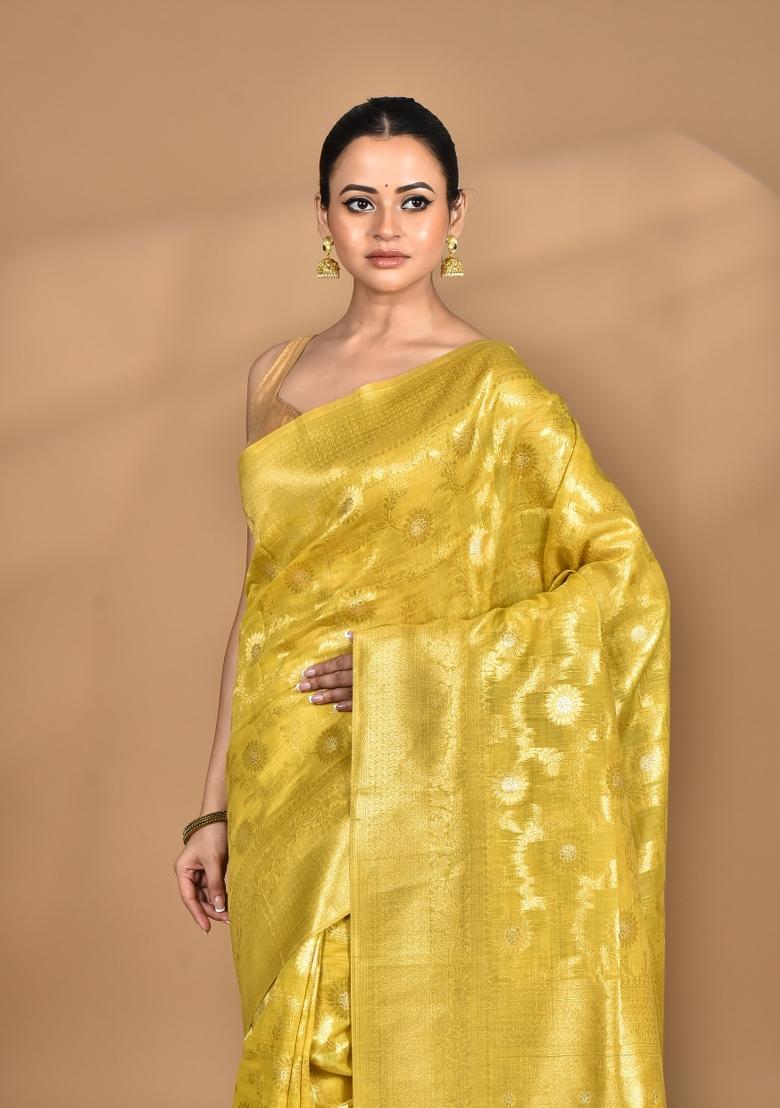 Yellow Banarsi Silk Chandari Saree Set
