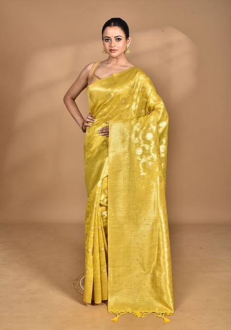 Yellow Banarsi Silk Chandari Saree Set