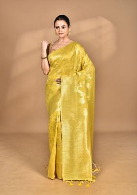 Yellow Banarsi Silk Chandari Saree Set