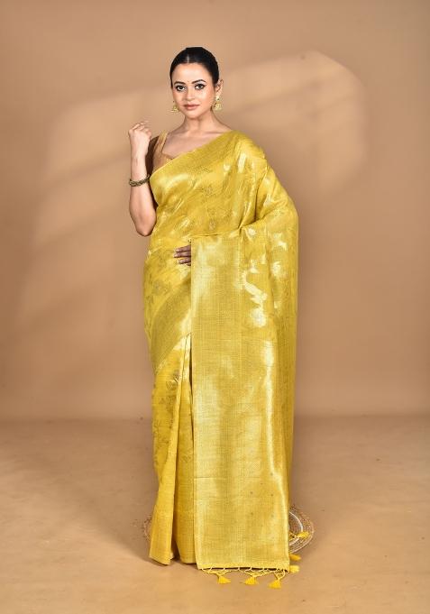 Yellow Banarsi Silk Chandari Saree Set
