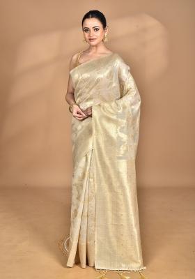 Cream Banarsi Silk Chandari Saree Set