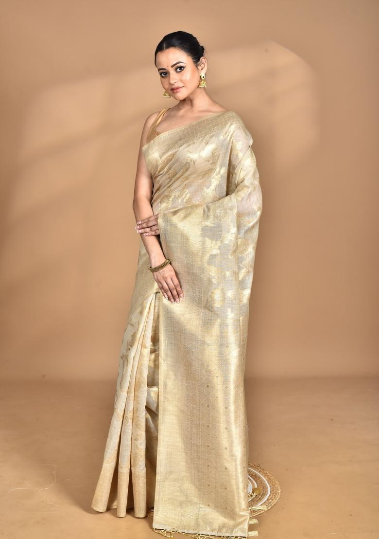 Cream Banarsi Silk Chandari Saree Set
