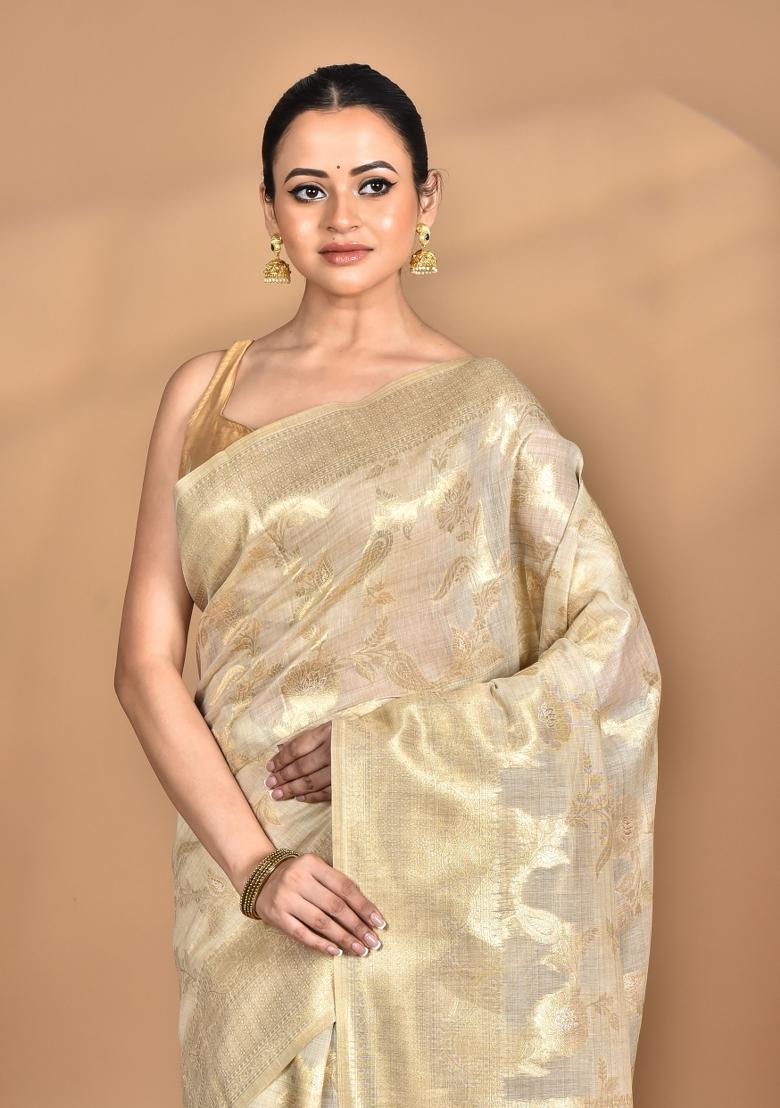 Cream Banarsi Silk Chandari Saree Set