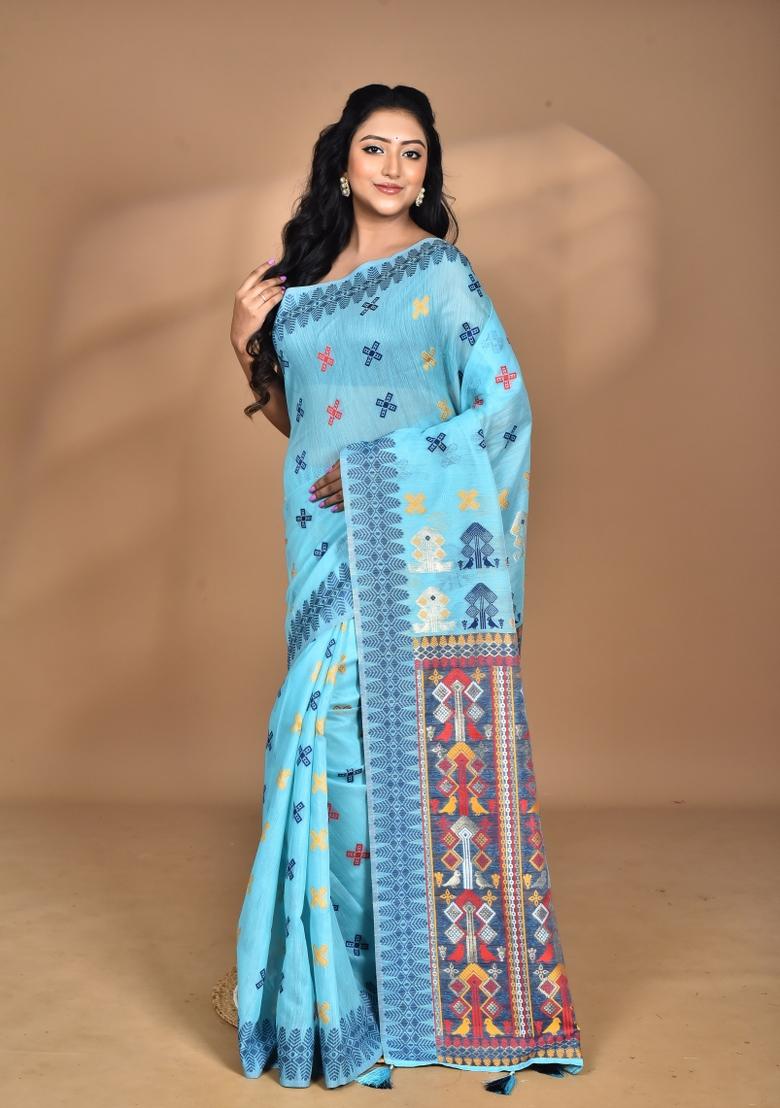 Sky Blue Chandari Silk Chandari Saree Set