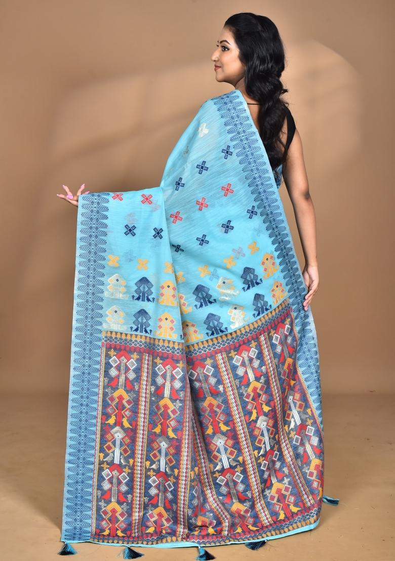 Sky Blue Chandari Silk Chandari Saree Set