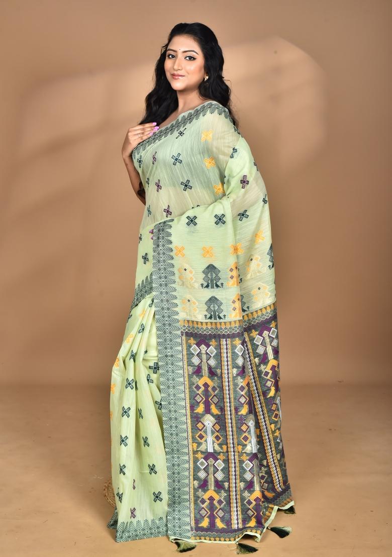 Light Green Chandari Silk Chandari Saree Set