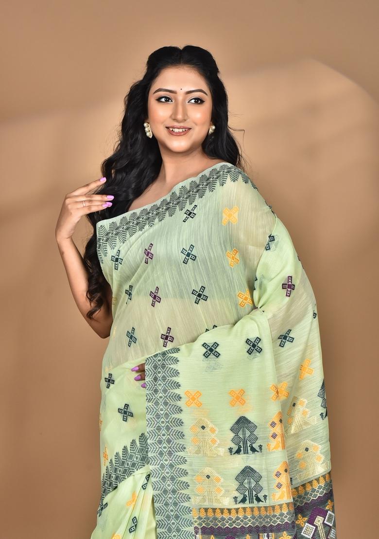 Light Green Chandari Silk Chandari Saree Set
