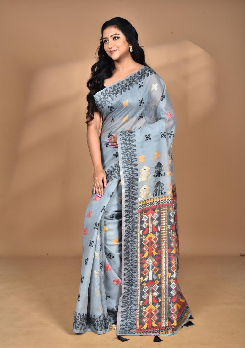 Grey Chandari Silk Chandari Saree Set