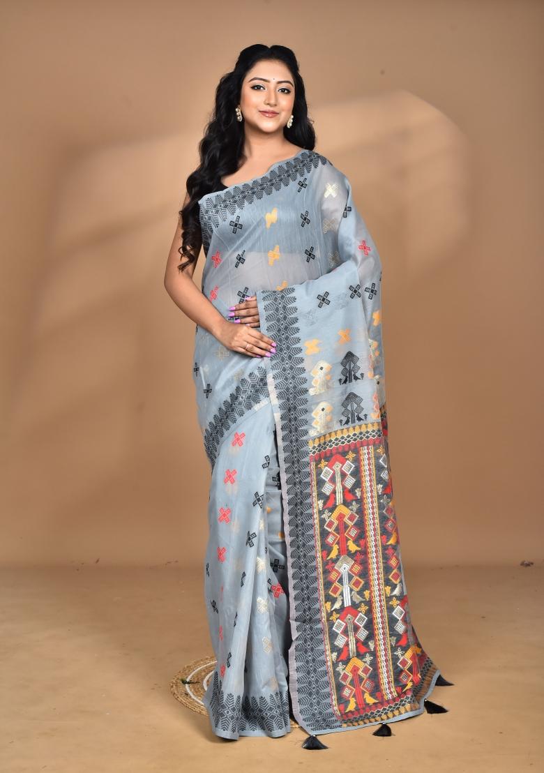 Grey Chandari Silk Chandari Saree Set