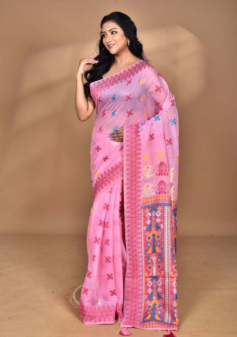 Pink Chandari Silk Chandari Saree Set