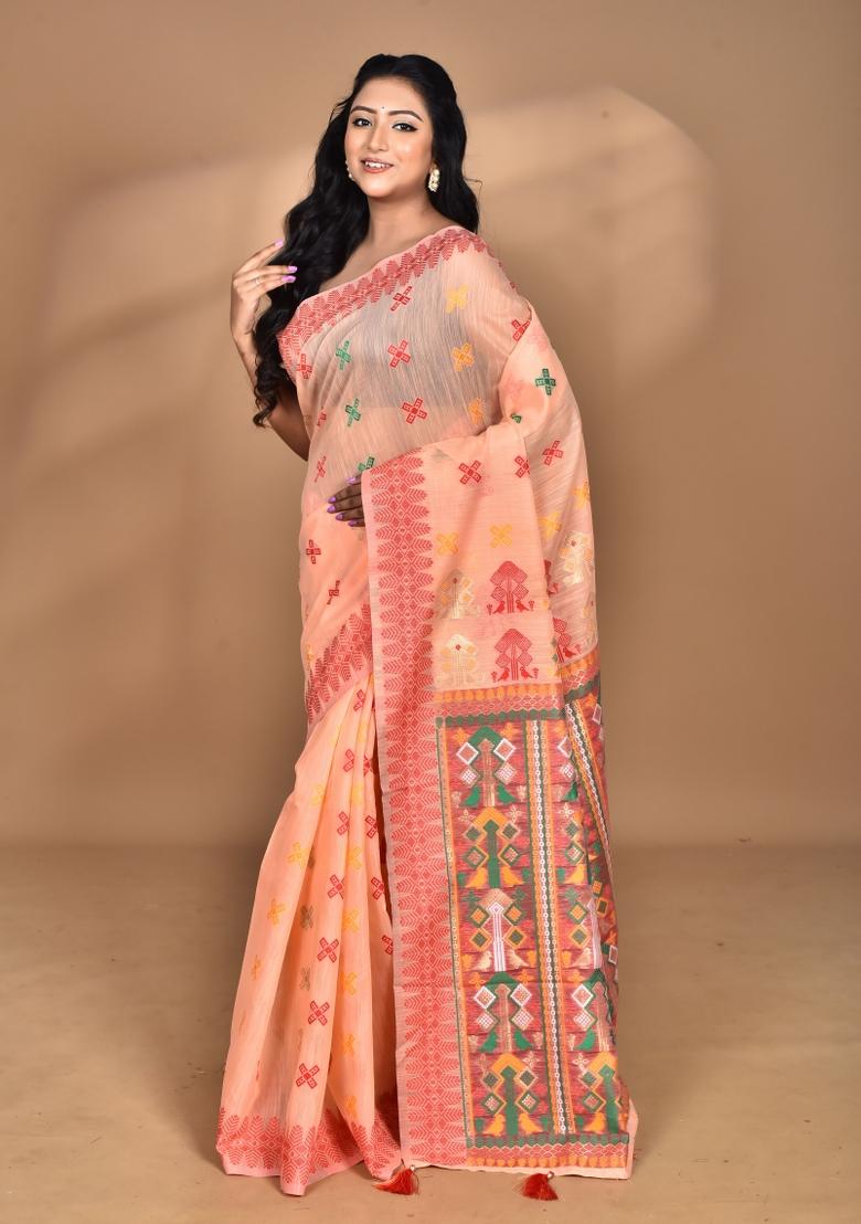 Peach Chandari Silk Chandari Saree Set