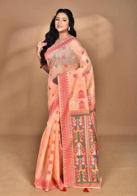 Peach Chandari Silk Chandari Saree Set