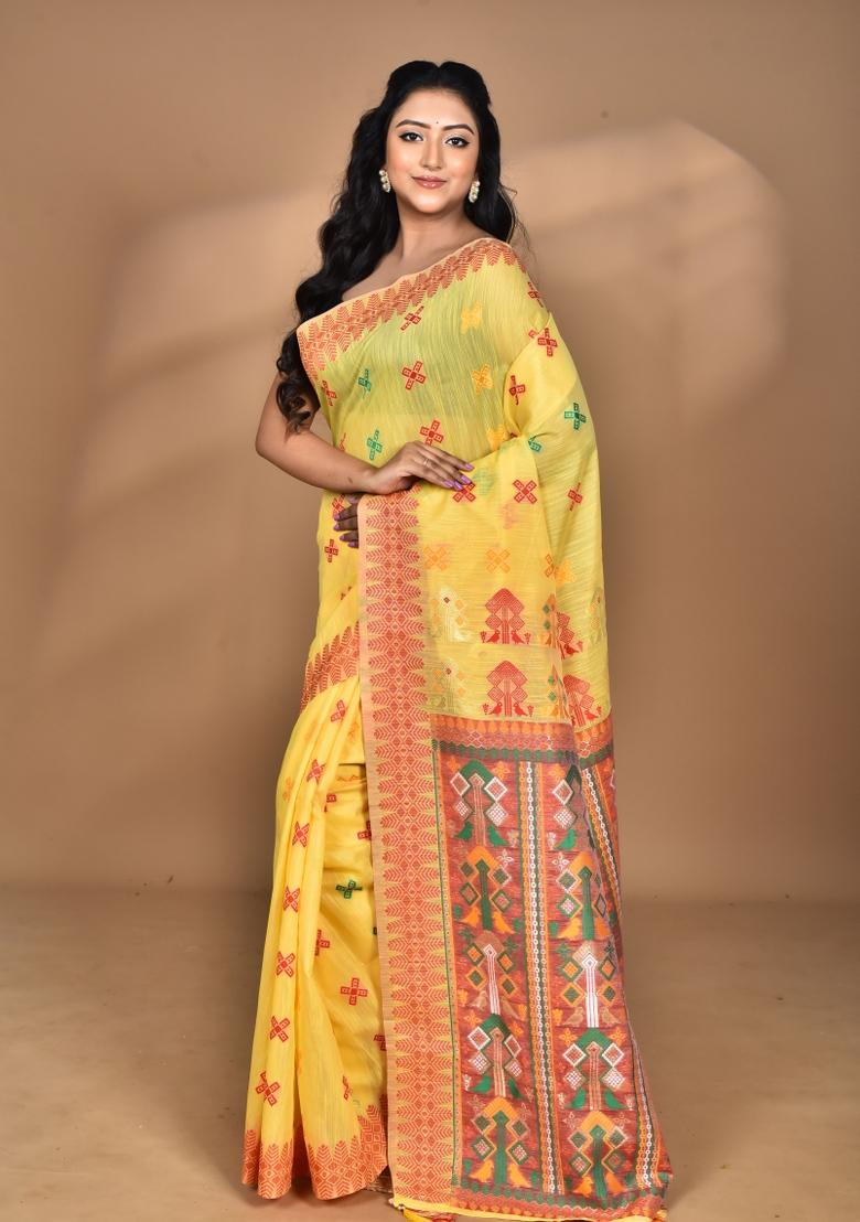 Yellow Chandari Silk Chandari Saree Set