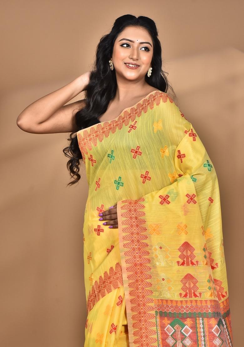 Yellow Chandari Silk Chandari Saree Set