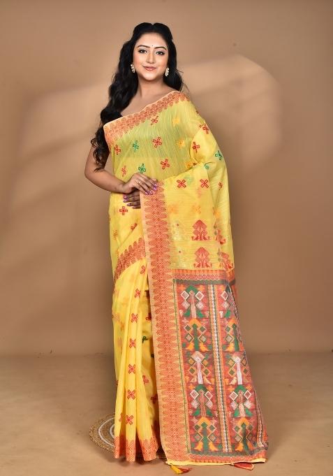 Yellow Chandari Silk Chandari Saree Set