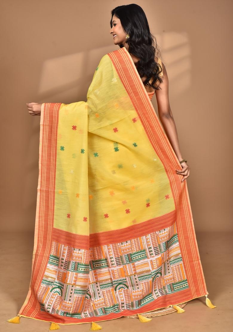 Yellow Chandari Silk Chandari Saree Set
