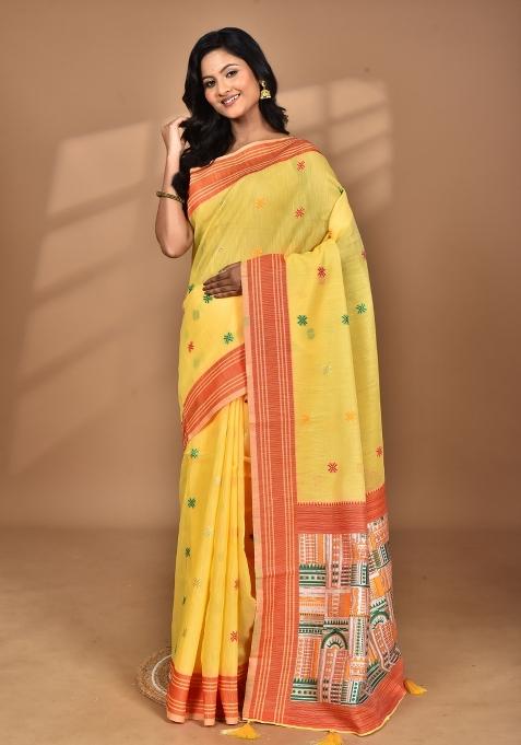 Yellow Chandari Silk Chandari Saree Set