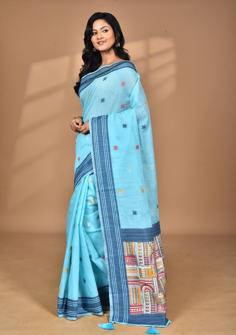 Sky Blue Chandari Silk Chandari Saree Set